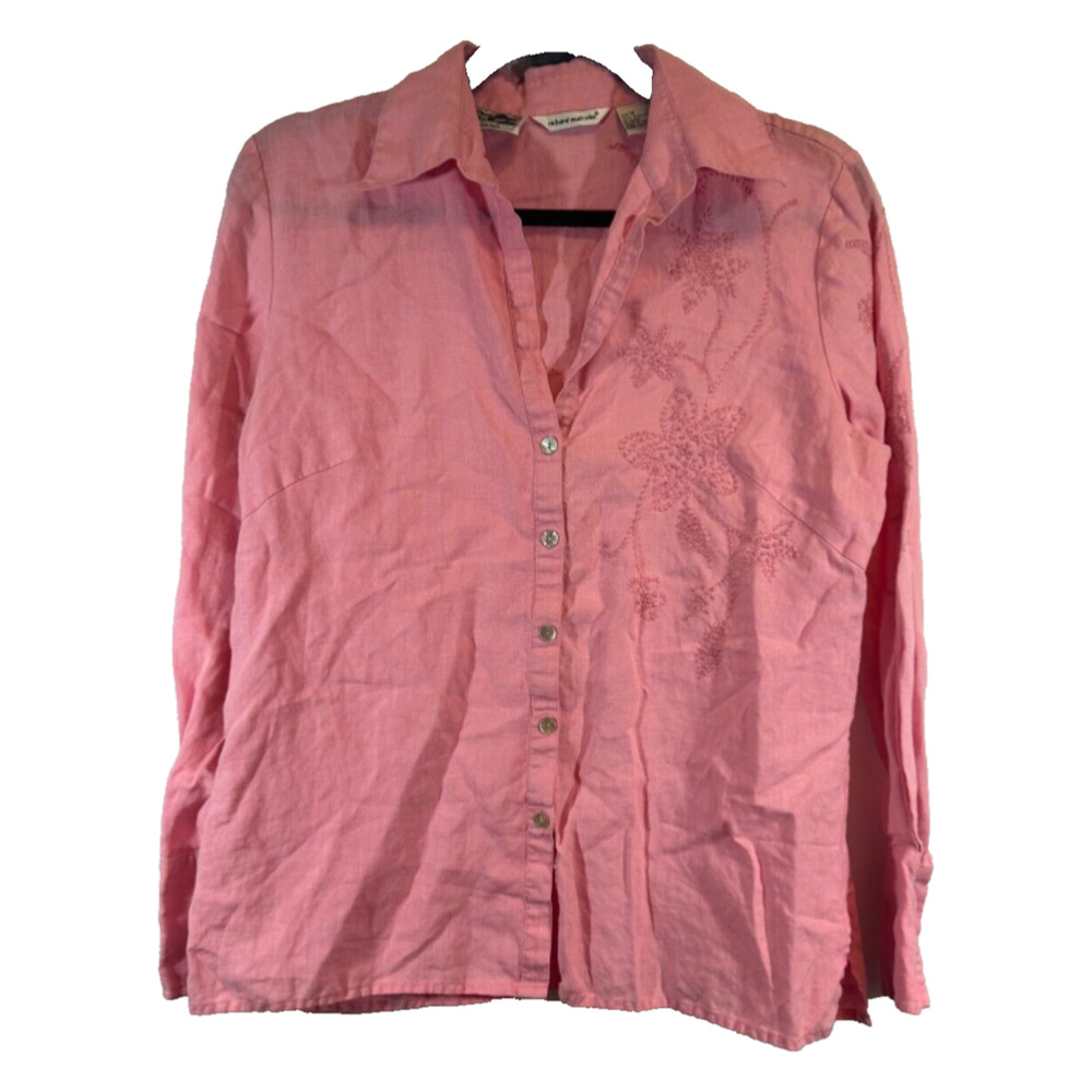 Richard Malcolm Blouse 100% Irish Linen Women M Pink Embroider Floral Button A53